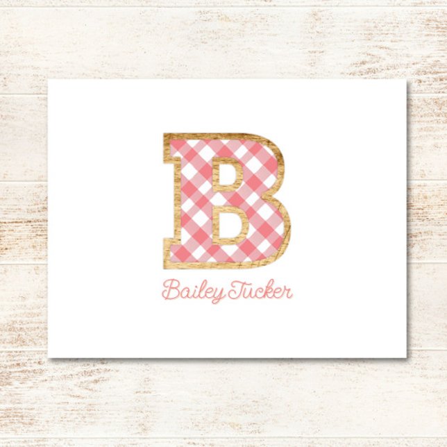 Rustic & Preppy "B" Pink Gingham on Wood Girly Card (Creator Uploaded)
