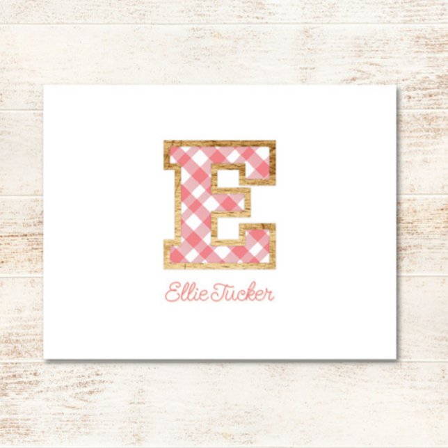 Rustic & Preppy "E" Pink Gingham on Wood Girly Card (Creator Uploaded)
