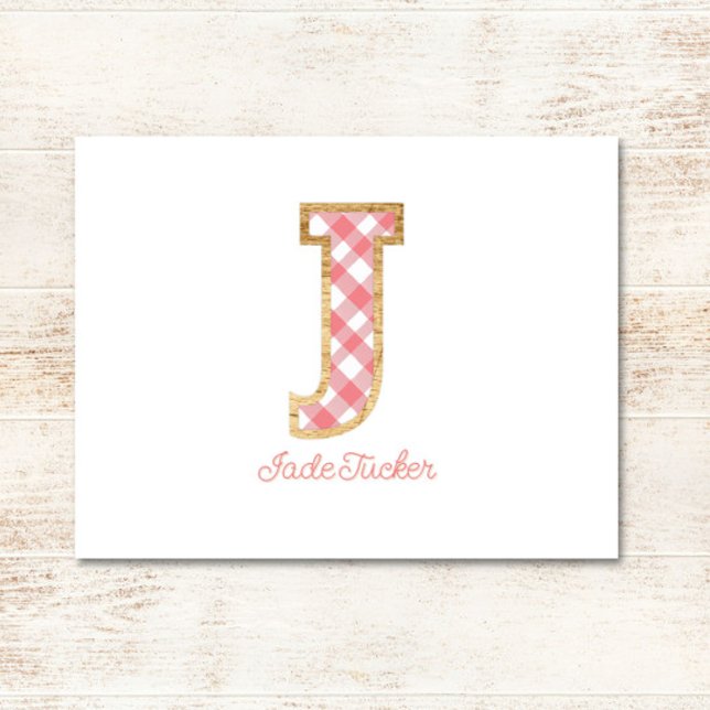 Rustic & Preppy "J" Pink Gingham on Wood Girly Card (Creator Uploaded)