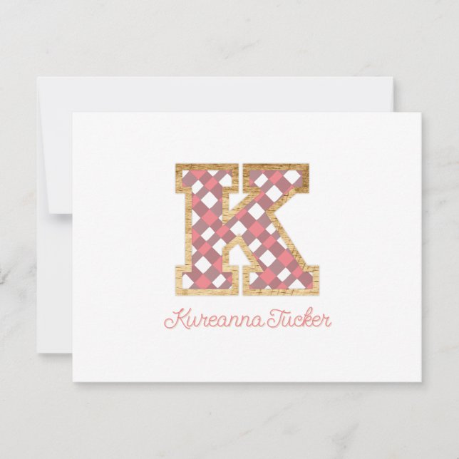 Rustic & Preppy "K" Pink Gingham on Wood Girly Card (Front)