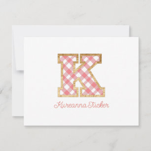 Rustic & Preppy "K" Pink Gingham on Wood Girly Card