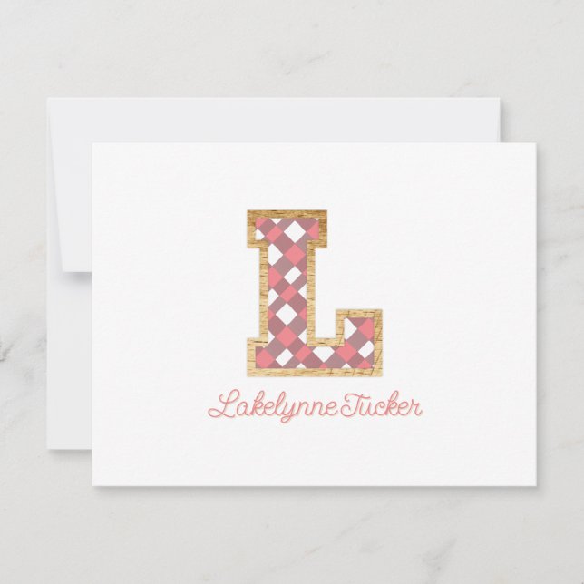 Rustic & Preppy "L" Pink Gingham on Wood Girly Card (Front)