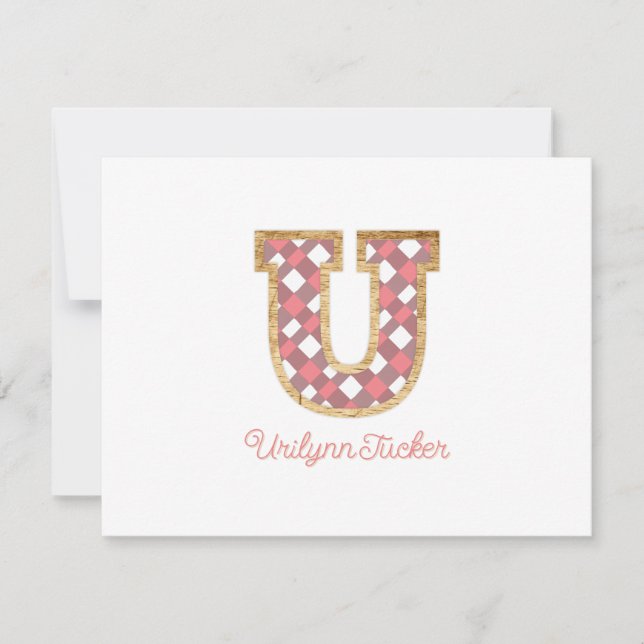 Rustic Preppy Monogram "U" Pink Gingham Wood Girly Card (Front)