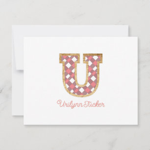 Rustic Preppy Monogram "U" Pink Gingham Wood Girly Card