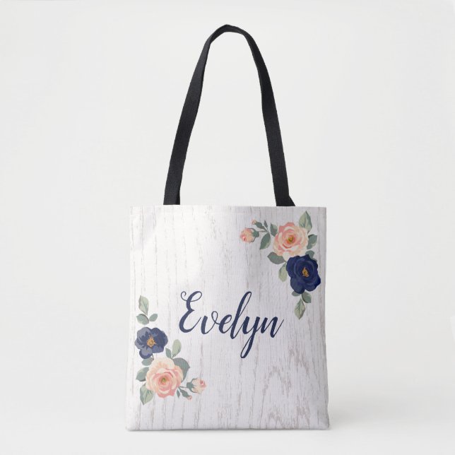 Rustic Pretty Navy Blue, Peach Floral Personalized Tote Bag (Front)