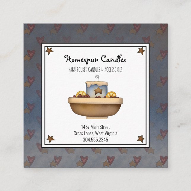 Rustic Primitive Country Grubby Candle & Stars  Square Business Card (Front)