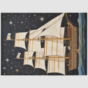 Rustic Primitive Tall Ship At Night Decoupage     Tissue Paper