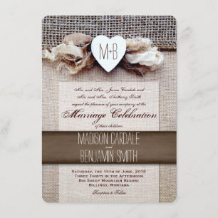 Rustic Printed Burlap Heart Initial Wedding Invite