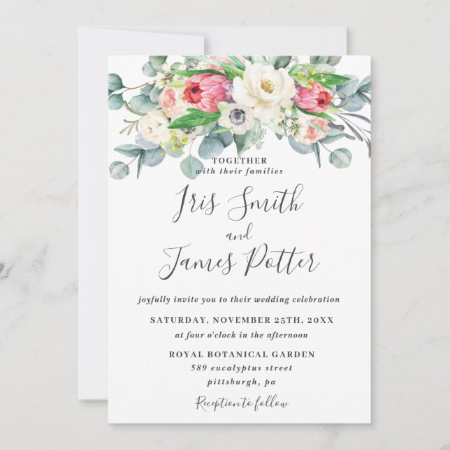 Rustic Protea Rose Blush Ivory Floral Wedding Invitation (Front)