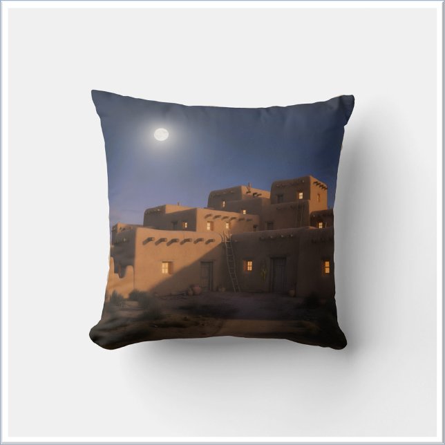 Rustic Pueblo Adobe Home Under Moonlit Sky Throw Pillow (Creator Uploaded)