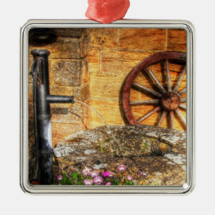 Rustic Pump, Well and Cartwheel scene Metal Ornament