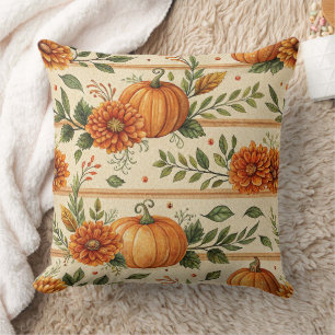 Rustic Pumpkin and Chrysanthemum Autumn Pattern Throw Pillow