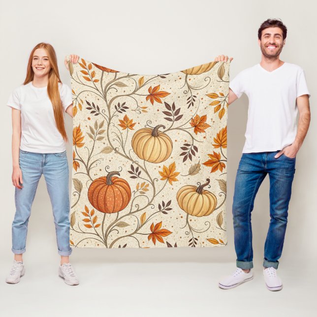 Rustic Pumpkin and Fall Foliage Pattern Fleece Blanket (In Situ)