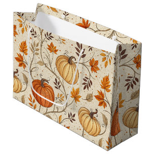 Rustic Pumpkin and Fall Foliage Pattern Large Gift Bag