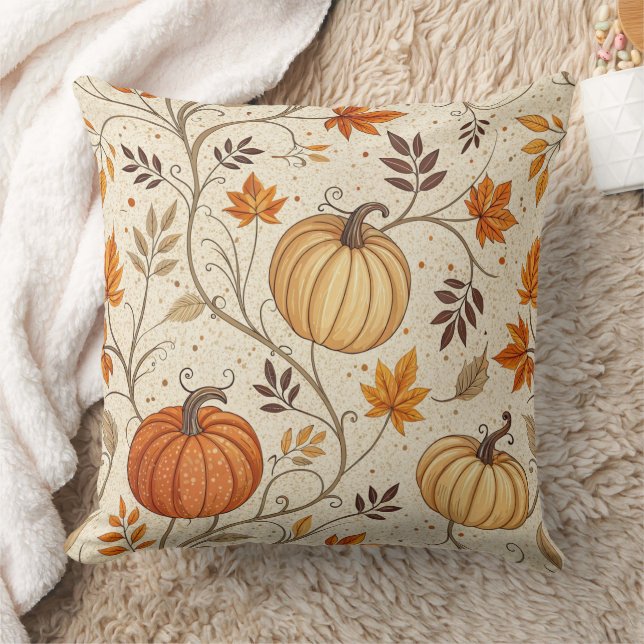 Rustic Pumpkin and Fall Foliage Pattern Throw Pillow (Blanket)