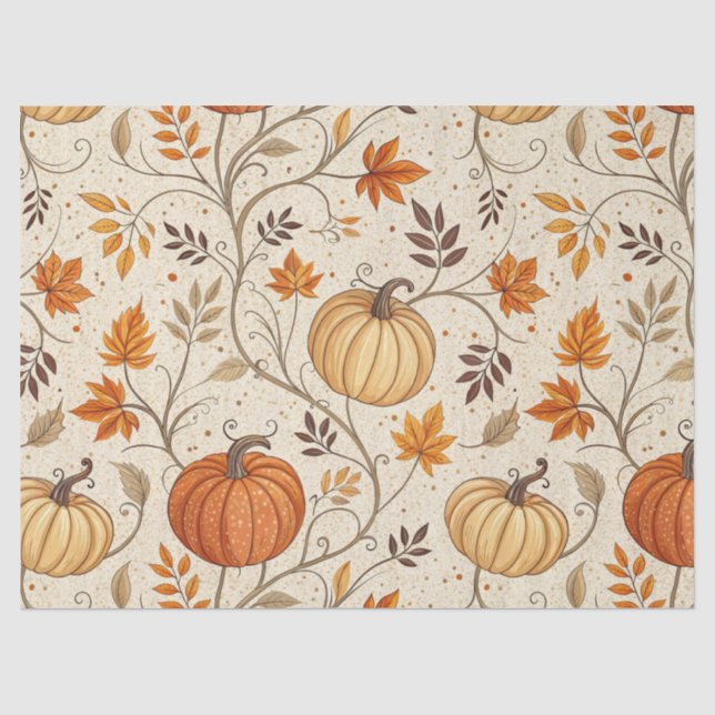 Rustic Pumpkin and Fall Foliage Pattern Tissue Paper (Front)