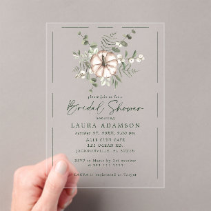 Rustic Pumpkin and Green Leaves Bridal Shower Acrylic Invitations