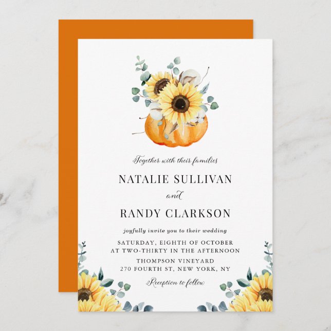 Rustic Pumpkin and Sunflowers Fall Wedding Invitation (Front/Back)