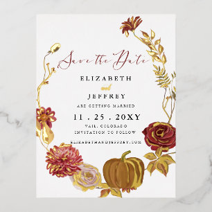 Rustic Pumpkin Autumn Fall Save The Date Foil Invitation Postcard