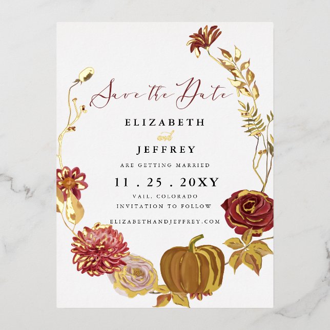 Rustic Pumpkin Autumn Fall Save The Date    Foil Invitation Postcard (Front)