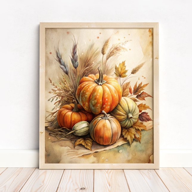 Rustic Pumpkin & Autumn Leaves Boho Fall Wall Art (Rustic Pumpkin & Autumn Leaves Boho Fall Wall Art in a neutral wooden frame on the floor)