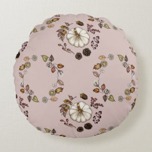 Rustic Pumpkin & Autumn Leaves Wreath Pattern Round Pillow
