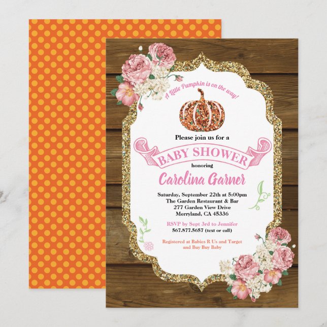 Rustic pumpkin baby girl shower invitation wood (Front/Back)