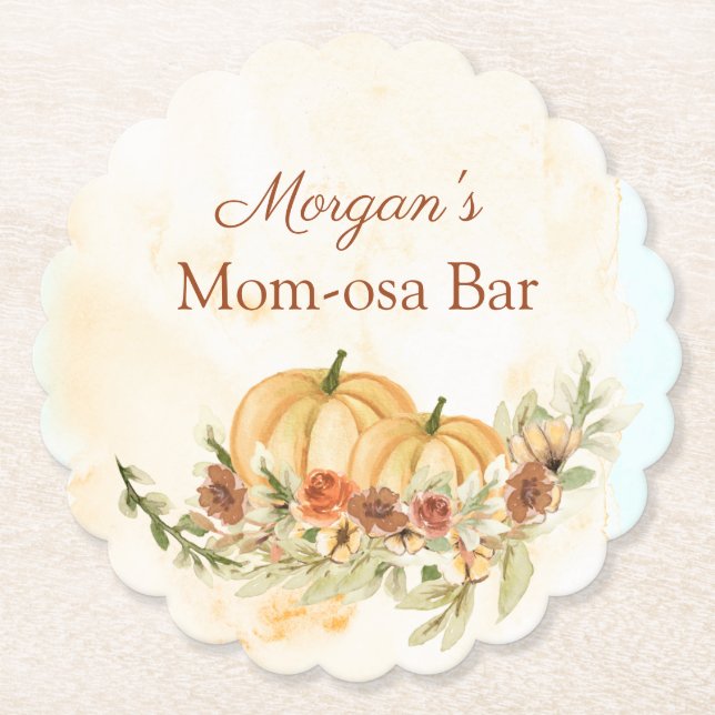 Rustic Pumpkin Baby Shower Mom-mosa Paper Coaster (Front)