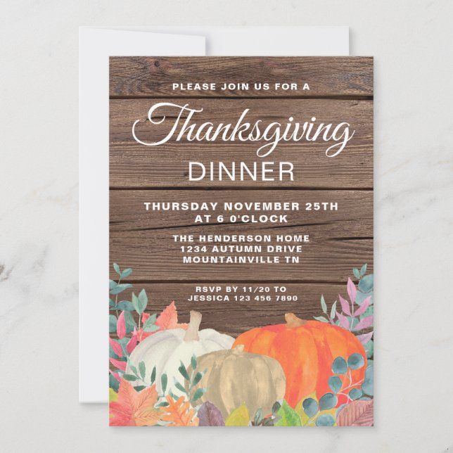 Rustic Pumpkin Barn Wood Thanksgiving Dinner Invitation (Front)