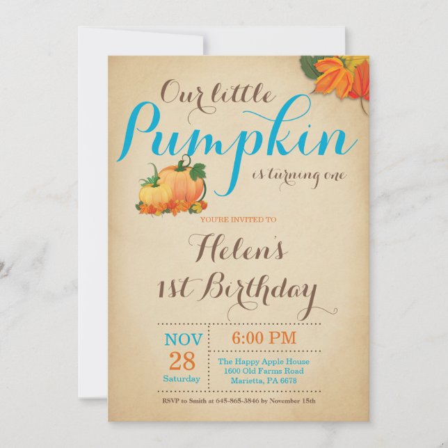 Rustic Pumpkin Birthday Invitation First Bday (Front)