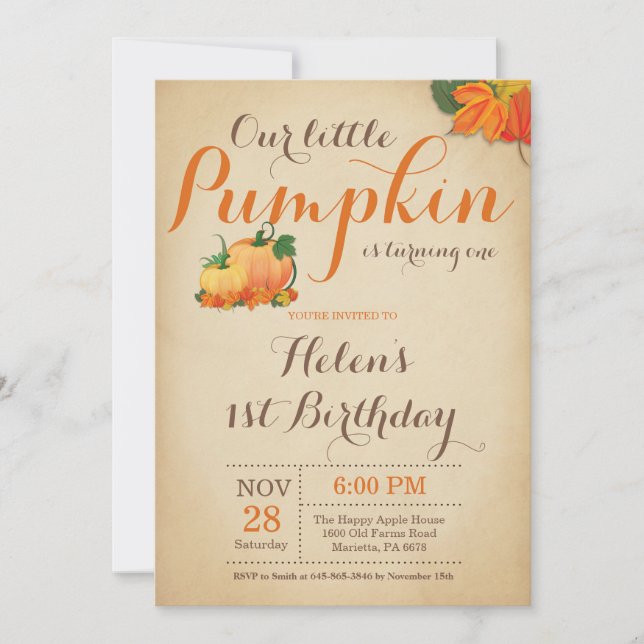 Rustic Pumpkin Birthday Invitation First Bday (Front)