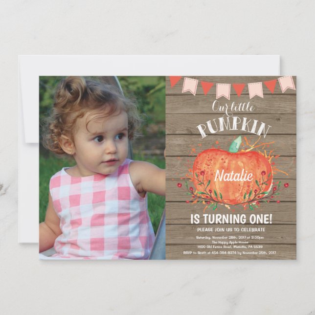 Rustic Pumpkin Birthday Invitation Pink (Front)