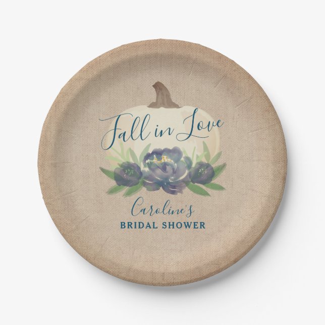 Rustic Pumpkin Blue Fall Floral Bridal Shower Paper Plate (Front)