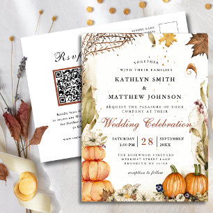 Rustic Pumpkin Botanical Autumn Wedding QR code Invitation Postcard