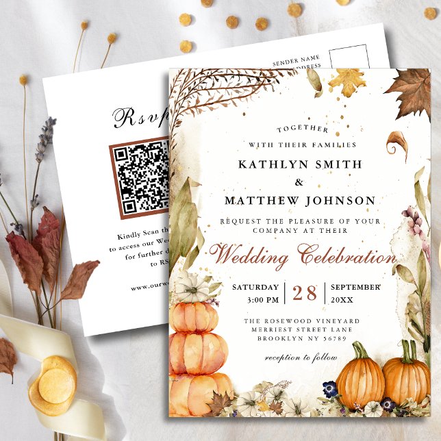 Rustic Pumpkin Botanical Autumn Wedding QR code Invitation Postcard (Creator Uploaded)