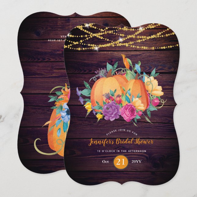 Rustic Pumpkin BRIDAL SHOWER Watercolor FALL Invitation (Front/Back)
