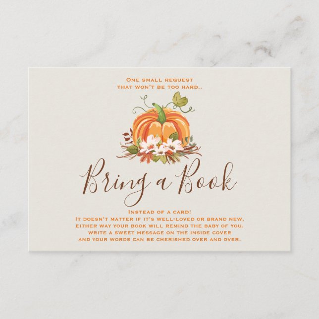 Rustic Pumpkin Bring a book Fall Autumn Shower Enclosure Card (Front)