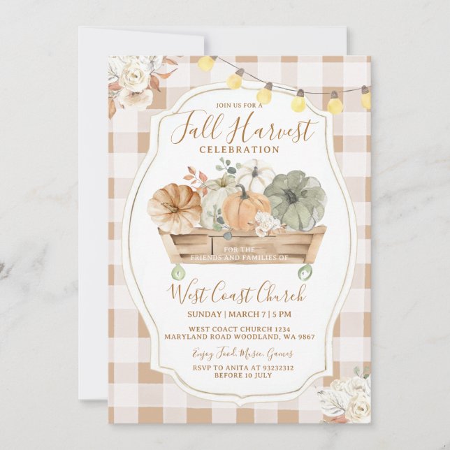 Rustic Pumpkin Brown Gingham Fall Harvest Party Invitation (Front)