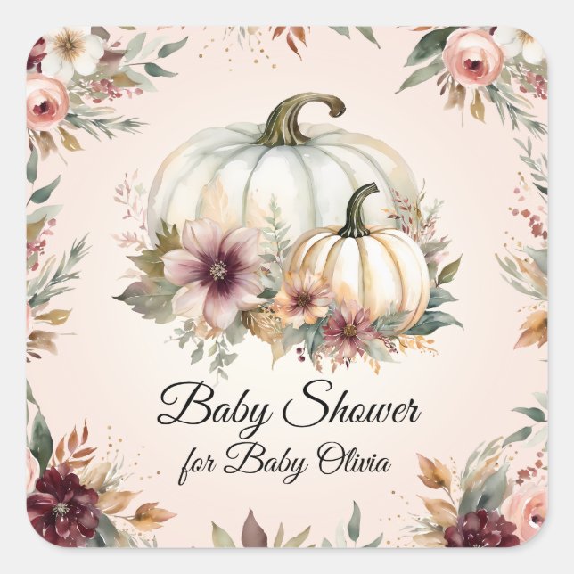 Rustic Pumpkin Burgundy Fall Floral Baby Shower Square Sticker (Front)