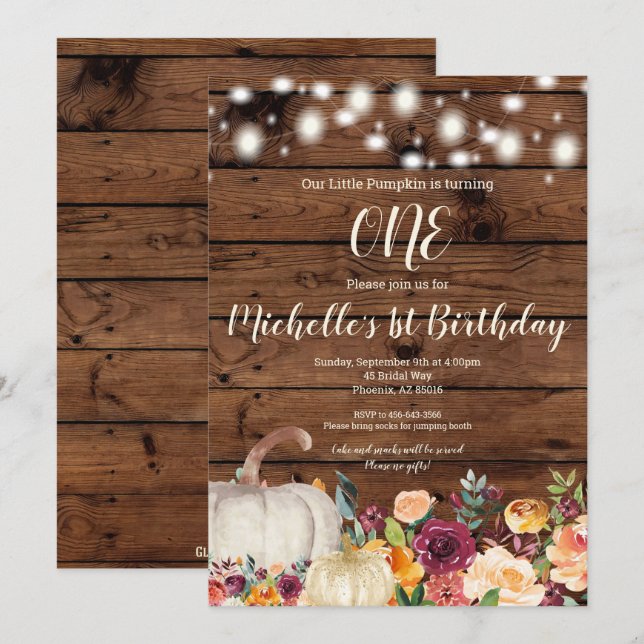 Rustic Pumpkin Burgundy Gold Girl First Birthday Invitation (Front/Back)