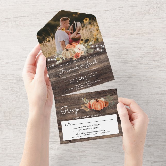 Rustic Pumpkin Fall Barn Wood Photo Wedding All In One Invitation (Tearaway)