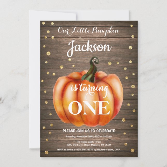 Rustic Pumpkin Fall Birthday Invitation Gold (Front)