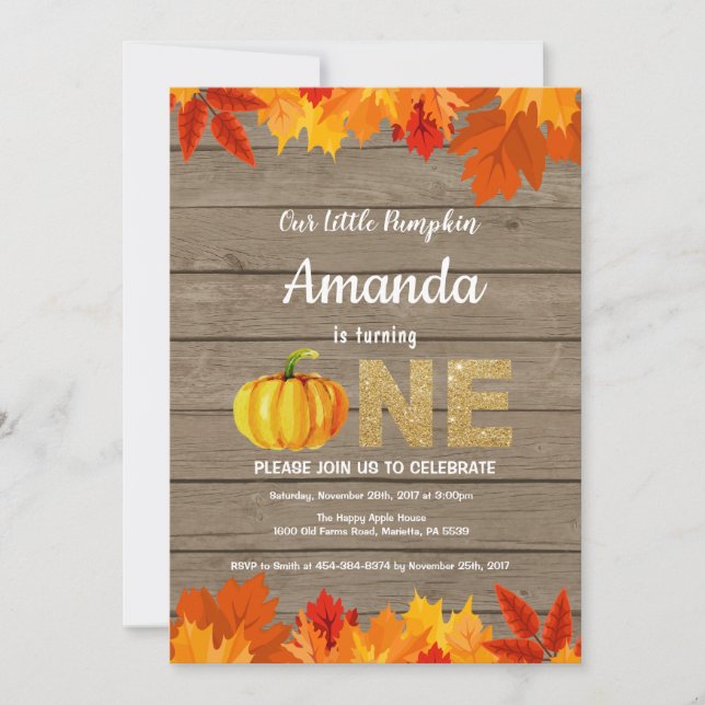 Rustic Pumpkin Fall Birthday Invitation Gold (Front)