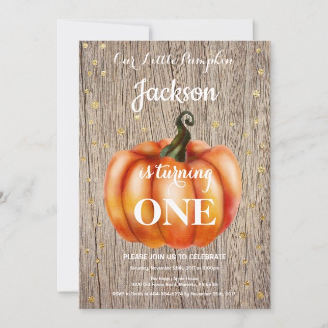 Rustic Pumpkin Fall Birthday Invitation Gold (Front)