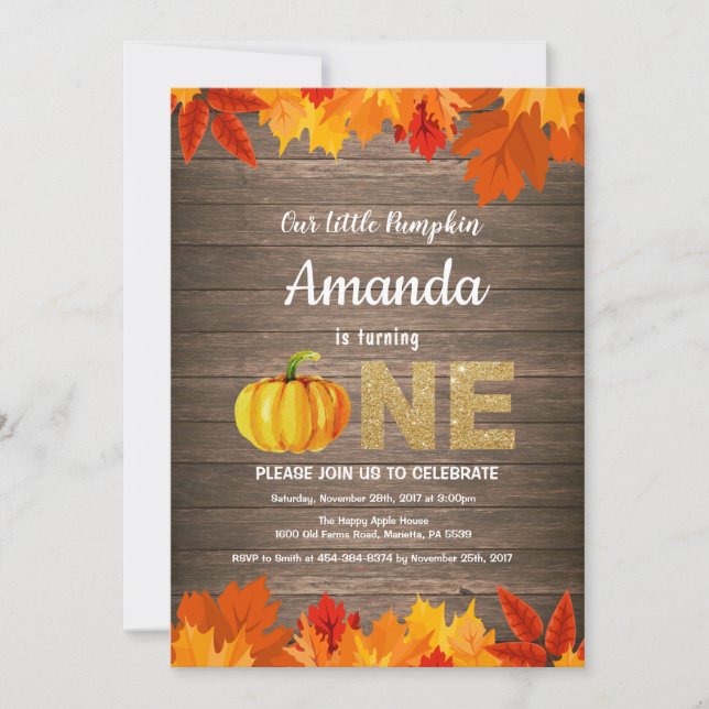 Rustic Pumpkin Fall Birthday Invitation Gold (Front)