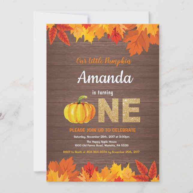 Rustic Pumpkin Fall Birthday Invitation Gold (Front)