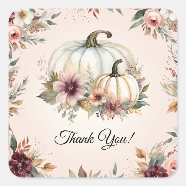 Rustic Pumpkin Fall Floral Baby Shower Thank You Square Sticker (Front)