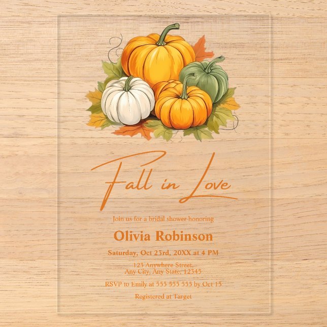 Rustic Pumpkin Fall in Love Bridal Shower  Acrylic Invitations (Front)
