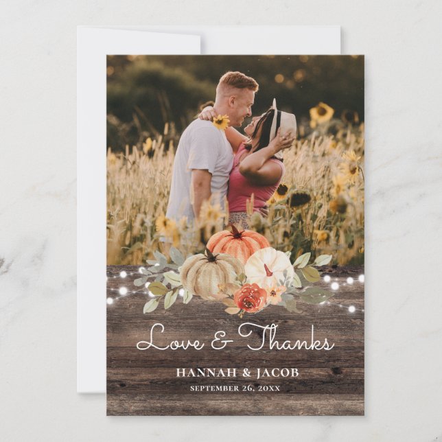 Rustic Pumpkin Fall Wedding Love and Thanks Thank You Card (Front)