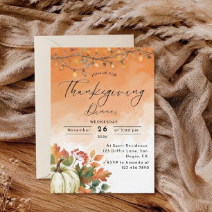 Rustic Pumpkin Festive Lights Orange Thanksgiving Invitation